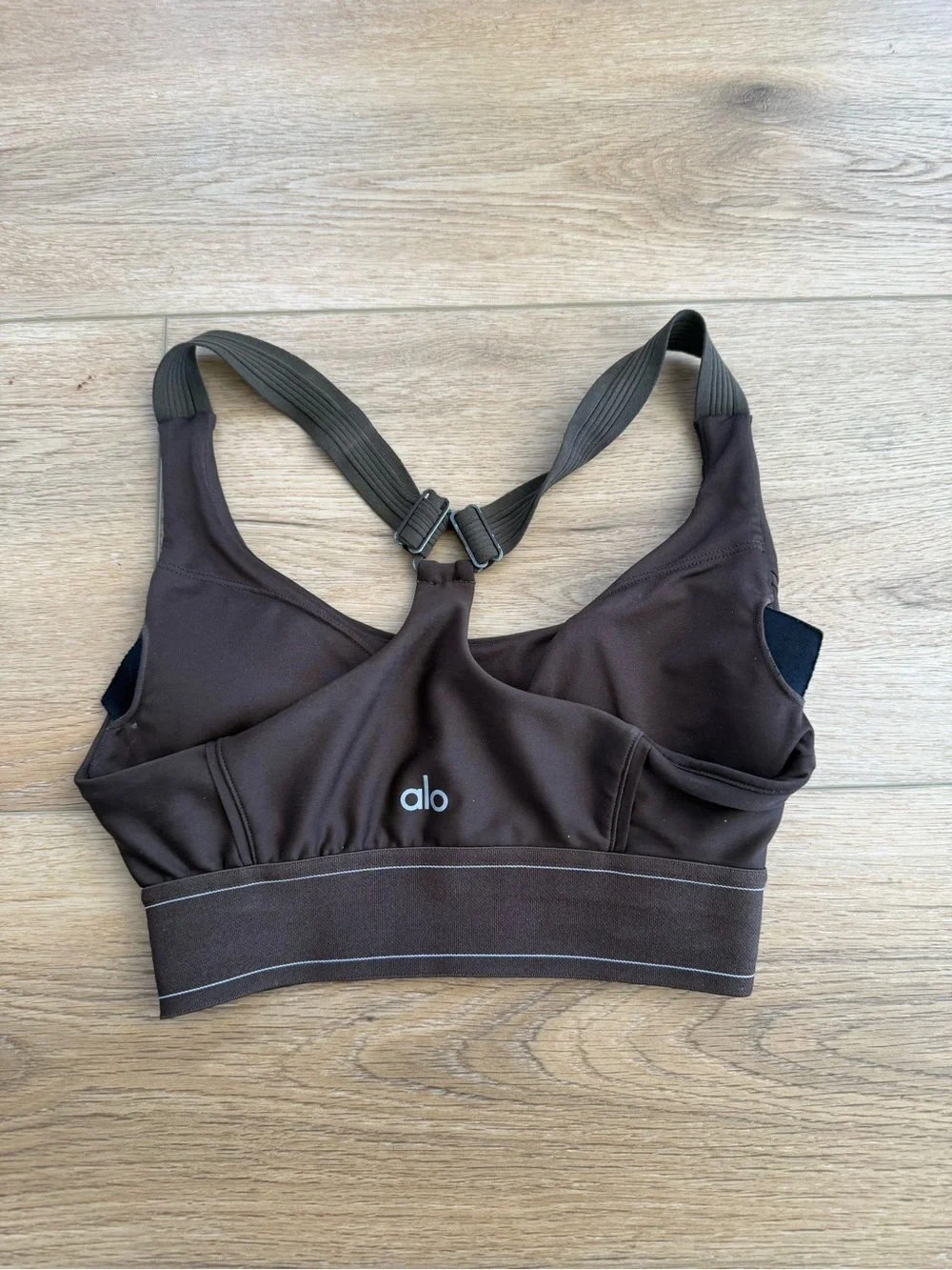 Alo Women's Brown Sports Bra with Light Blue Logo
